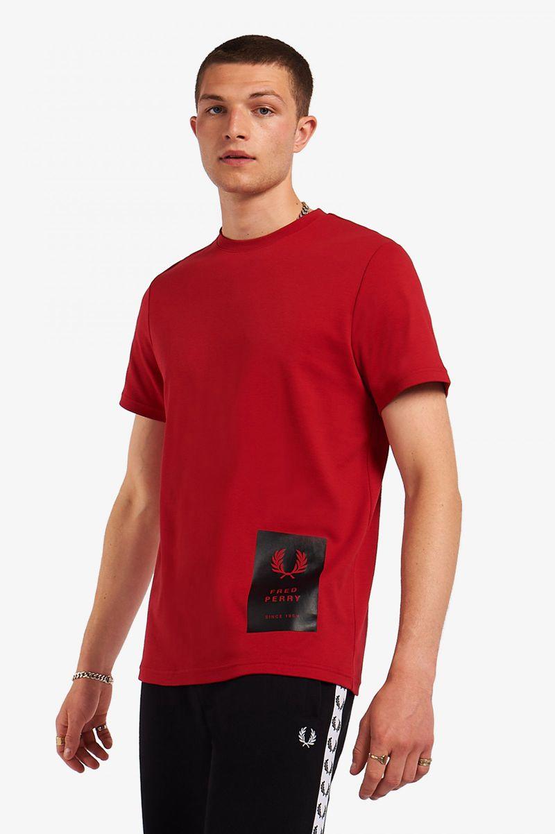 Red Fred Perry Printed Hem Patch Men's T Shirts | PH 1741JPQJ